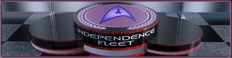 A futuristic, three-tiered podium with black and red bases, each displaying the Independence Fleet logo in large white letters. The top tier features the fleet's logo, a stylized star with a purple hue, surrounded by a laurel wreath. The podiums sit on a checkerboard floor, giving the scene a modern, sleek look.