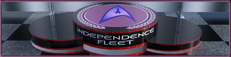 A futuristic, three-tiered podium with black and red bases, each displaying the Independence Fleet logo in large white letters. The top tier features the fleet's logo, a stylized star with a purple hue, surrounded by a laurel wreath. The podiums sit on a checkerboard floor, giving the scene a modern, sleek look.