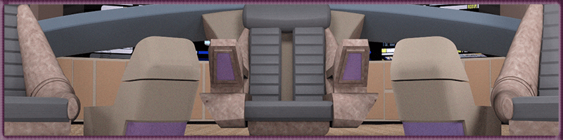 A close-up view of a futuristic starship's bridge seats, featuring a central command chair with an elaborate design. The seat has angular, dark purple and beige components, with additional seats on either side, all positioned in front of a curved control panel. The overall design is modern with sleek, minimalistic features and geometric shapes.