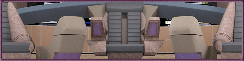 A close-up view of a futuristic starship's bridge seats, featuring a central command chair with an elaborate design. The seat has angular, dark purple and beige components, with additional seats on either side, all positioned in front of a curved control panel. The overall design is modern with sleek, minimalistic features and geometric shapes.