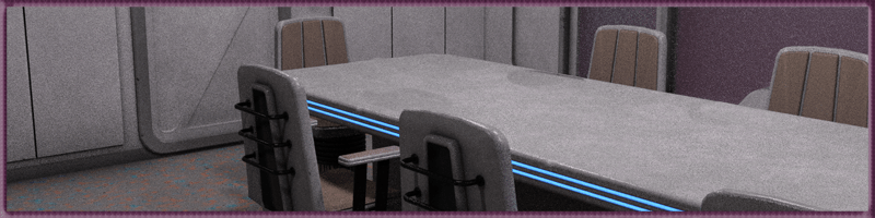 A sleek, futuristic conference room table with grey surfaces and blue glowing lights on the sides. The chairs surrounding the table have a modern design with dark grey fabric and geometric shapes. The walls of the room are simple, with soft purple accents. The environment has a clean, minimalist, and high-tech aesthetic.