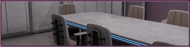 A sleek, futuristic conference room table with grey surfaces and blue glowing lights on the sides. The chairs surrounding the table have a modern design with dark grey fabric and geometric shapes. The walls of the room are simple, with soft purple accents. The environment has a clean, minimalist, and high-tech aesthetic.