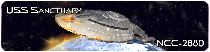 Banner for the USS Sanctuary NCC-2880, showcasing a sleek, light-gray starship in orbit above a blue and white planet, with stars scattered in the background of deep space.