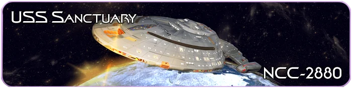 Banner for the USS Sanctuary NCC-2880, showcasing a sleek, light-gray starship in orbit above a blue and white planet, with stars scattered in the background of deep space.