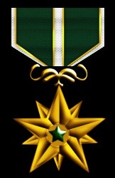 A golden star-shaped medal with a green gem in the center, hanging from a green ribbon with white and gold vertical stripes, symbolizing a prestigious award or commendation.