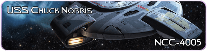 Banner for the USS Chuck Norris NCC-4005, showing a detailed close-up of a Defiant-class starship soaring through a star-filled region of deep space. Star Trek Simming