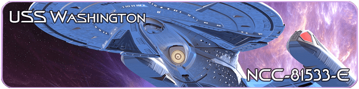 Banner for the USS Washington NCC-81533-E, featuring a sleek futuristic starship with a glowing deflector dish flying through space with a purple nebula in the background. Star Trek Simming