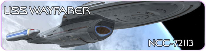 The USS Wayfarer, NCC-72113, a sleek Starfleet vessel, glides above a blue and white planet. The image captures the ship from below, highlighting its glowing blue impulse engine, saucer section, and detailed hull plating. The ship's name and registry are prominently displayed in futuristic white font with a purple outline, matching the frame of the image. Star Trek Simming