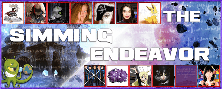 Colorful banner titled "The Simming Endeavor" with a vibrant collage of avatars, characters, and icons representing a diverse community of simmers. The background features a mysterious, ancient building overlaid with abstract cosmic and handwritten elements. A small green alien mascot holding a globe appears in the bottom left corner, symbolizing the collaborative and creative spirit of the simming community.