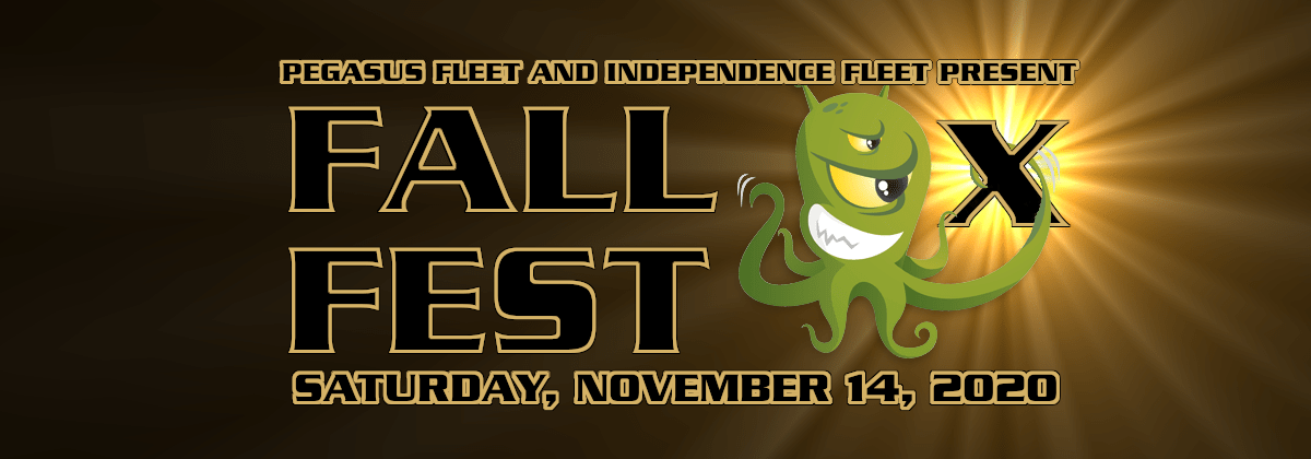 Promotional banner for FallFest X, presented by Pegasus Fleet and Independence Fleet, held on Saturday, November 14, 2020. The image features bold gold and black text on a radiant sunburst background, with a mischievous green alien mascot holding a globe and leaning on a large black "X".