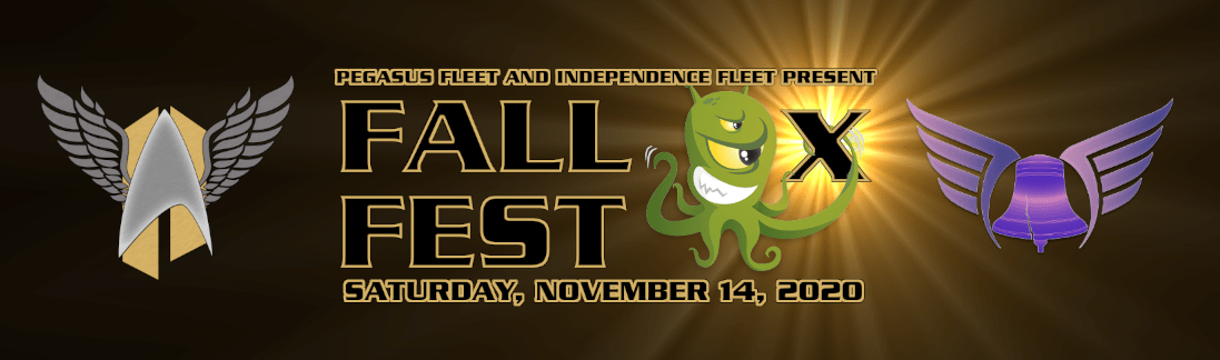 Promotional banner for FallFest X, presented by Pegasus Fleet and Independence Fleet, held on Saturday, November 14, 2020. The image features bold gold and black text on a radiant sunburst background, with a mischievous green alien mascot holding a globe and leaning on a large black "X".