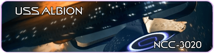 Banner image of the USS Albion, NCC-3020, a Galaxy-class starship illuminated by fiery light in space. The ship name and registry number appear in bold white text in the corners. Star Trek Simming