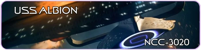Banner image of the USS Albion, NCC-3020, a Galaxy-class starship illuminated by fiery light in space. The ship name and registry number appear in bold white text in the corners. Star Trek Simming
