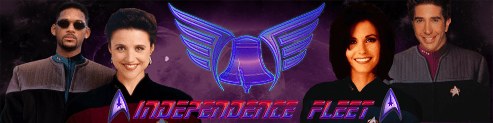 A stylized banner for Independence Fleet featuring four celebrities dressed in Starfleet uniforms: Will Smith, Julia Louis-Dreyfus, Courteney Cox, and David Schwimmer. They are flanking the glowing purple Independence Fleet logo in the center, which includes stylized wings and a liberty bell. The words 'Independence Fleet' appear below in a red and purple futuristic font, each word flanked by a Starfleet insignia. The background is a starry space scene with a faint nebula and planetary body.