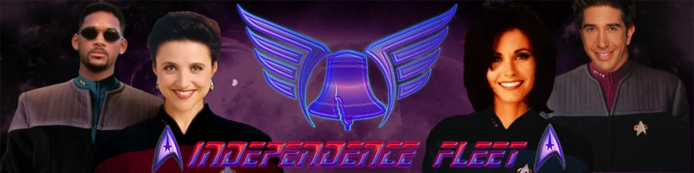 A stylized banner for Independence Fleet featuring four celebrities dressed in Starfleet uniforms: Will Smith, Julia Louis-Dreyfus, Courteney Cox, and David Schwimmer. They are flanking the glowing purple Independence Fleet logo in the center, which includes stylized wings and a liberty bell. The words 'Independence Fleet' appear below in a red and purple futuristic font, each word flanked by a Starfleet insignia. The background is a starry space scene with a faint nebula and planetary body.