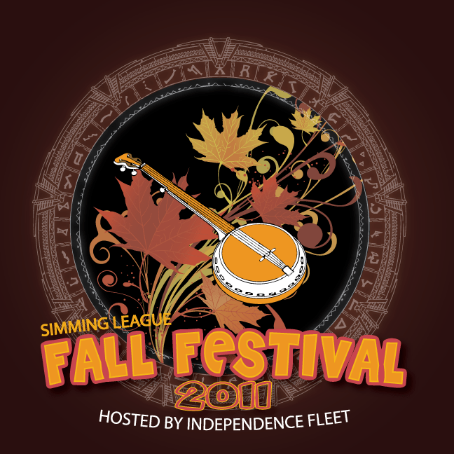 A festive poster for the Simming League Fall Festival 2011, hosted by Independence Fleet. The design features a circular motif of autumn leaves and swirling vines centered around a banjo. Surrounding the artwork is a decorative circular frame with alien-like symbols. Bold text at the bottom reads 'Fall Festival 2011' with 'Simming League' and 'Hosted by Independence Fleet' in smaller text.