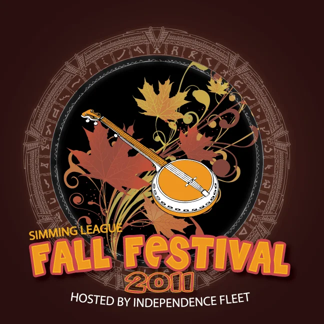 A festive poster for the Simming League Fall Festival 2011, hosted by Independence Fleet. The design features a circular motif of autumn leaves and swirling vines centered around a banjo. Surrounding the artwork is a decorative circular frame with alien-like symbols. Bold text at the bottom reads 'Fall Festival 2011' with 'Simming League' and 'Hosted by Independence Fleet' in smaller text.