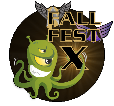 A stylized logo for 'Fall Fest X' featuring a mischievous green three-eyed alien with tentacles in the foreground. Behind the alien is a glowing dark bronze circle with two stylized wings (one silver, one purple) and a golden triangular emblem at the top. The text 'FALL FEST X' is bold and metallic, layered over the center of the design."