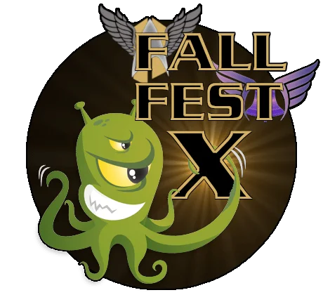 A stylized logo for 'Fall Fest X' featuring a mischievous green three-eyed alien with tentacles in the foreground. Behind the alien is a glowing dark bronze circle with two stylized wings (one silver, one purple) and a golden triangular emblem at the top. The text 'FALL FEST X' is bold and metallic, layered over the center of the design."
