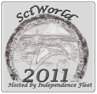 A grayscale poster for SciWorld 2011, hosted by Independence Fleet. The central design features a stylized Stargate ring surrounding a faint image of a futuristic cityscape or structure. The title 'SciWorld' is displayed in a stylized font at the top, while '2011' and 'Hosted by Independence Fleet' are written in bold and script fonts at the bottom.