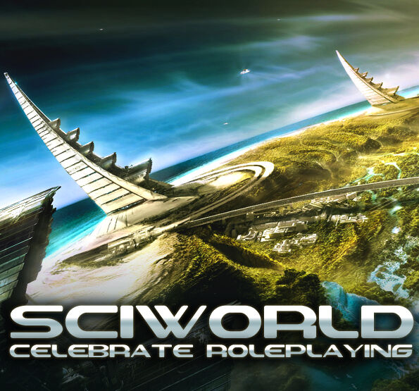 Futuristic promotional poster for 'SciWorld: Celebrate Roleplaying.' The image features a high-tech cityscape with towering, curved structures resembling spacecraft or stylized spires on a lush, green coastline. A winding road and glowing waterways stretch through the landscape, with a sci-fi sky overhead. Bold metallic text at the bottom reads 'SCIWorld' and 'Celebrate Roleplaying.