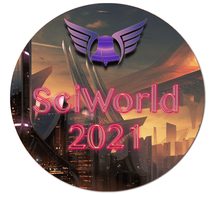 A circular badge-style logo for SciWorld 2021. The background features a futuristic cityscape with sleek, towering structures illuminated by a sunset sky. Centered at the top is the purple-and-gold winged bell emblem of Independence Fleet. The words 'SciWorld 2021' appear in large neon pink futuristic font in the middle of the image.