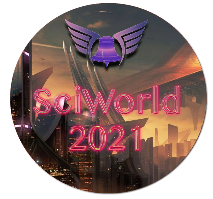 A circular badge-style logo for SciWorld 2021. The background features a futuristic cityscape with sleek, towering structures illuminated by a sunset sky. Centered at the top is the purple-and-gold winged bell emblem of Independence Fleet. The words 'SciWorld 2021' appear in large neon pink futuristic font in the middle of the image.