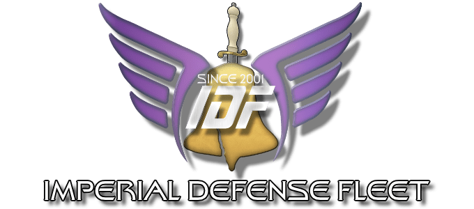 Logo for the 'Imperial Defense Fleet' featuring stylized purple wings flanking a central gold bell with a sword behind it. The initials 'IDF' are prominently displayed in silver and white over the bell, with 'Since 2001' written above. The text 'IMPERIAL DEFENSE FLEET' appears below in a futuristic font.