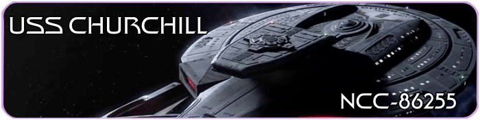 Banner image of the USS Churchill, a Federation starship with registry NCC-86255, flying through space. The ship is shown from a rear-side angle with visible nacelles and saucer section, against a starry black background. The name 'USS Churchill' is displayed in bold white text in the top left, and 'NCC-86255' in the bottom right, framed by a thin lavender border. Star Trek Simming