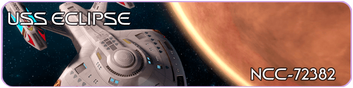 Banner image of the USS Eclipse, a Federation starship with registry NCC-72382, flying near a large orange planet. The starship is depicted from above with its saucer and nacelles visible, set against a star-filled space background. The name 'USS Eclipse' appears in futuristic white and blue text in the upper left, and 'NCC-72382' in the bottom right, bordered by a light lavender frame.