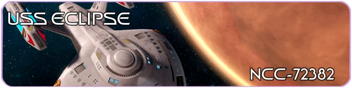 Banner image of the USS Eclipse, a Federation starship with registry NCC-72382, flying near a large orange planet. The starship is depicted from above with its saucer and nacelles visible, set against a star-filled space background. The name 'USS Eclipse' appears in futuristic white and blue text in the upper left, and 'NCC-72382' in the bottom right, bordered by a light lavender frame.
