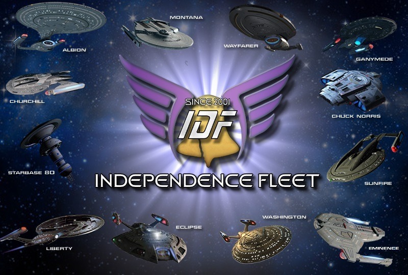 Promotional image for Independence Fleet, a Star Trek simming organization founded in 2001. A glowing IDF emblem with purple wings and gold trim is at the center, surrounded by labeled images of starships including Albion, Montana, Wayfarer, Ganymede, Chuck Norris, Sunfire, Eminence, Washington, Eclipse, Liberty, Starbase 80, and Churchill, all set against a starry space background.