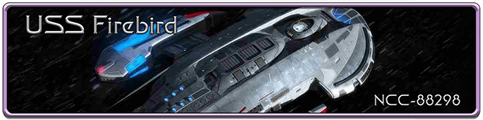 Banner image of the USS Firebird, registry NCC-88298, featuring a detailed Starfleet starship flying through space. The ship is shown from above at an angle, with glowing blue and red elements and a sleek, futuristic design. Star Trek Simming