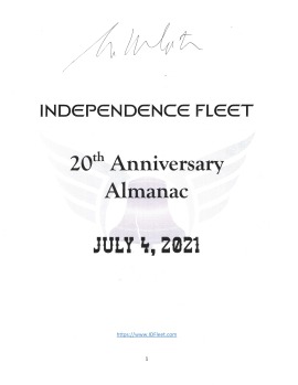 Cover page of the Independence Fleet 20th Anniversary Almanac, dated July 4, 2021. The document features a subtle winged emblem in the background, a signature at the top, and the website link 'https://www.IDFleet.com' at the bottom. Signed by William Shatner