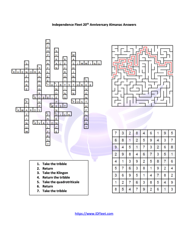Puzzle answer sheet titled 'Independence Fleet 20th Anniversary Almanac Answers,' featuring a completed crossword, a maze with a red solution path, a filled Sudoku grid, and a numbered list of steps from a tribble-themed logic puzzle. The URL https://www.IDFleet.com is shown at the bottom.