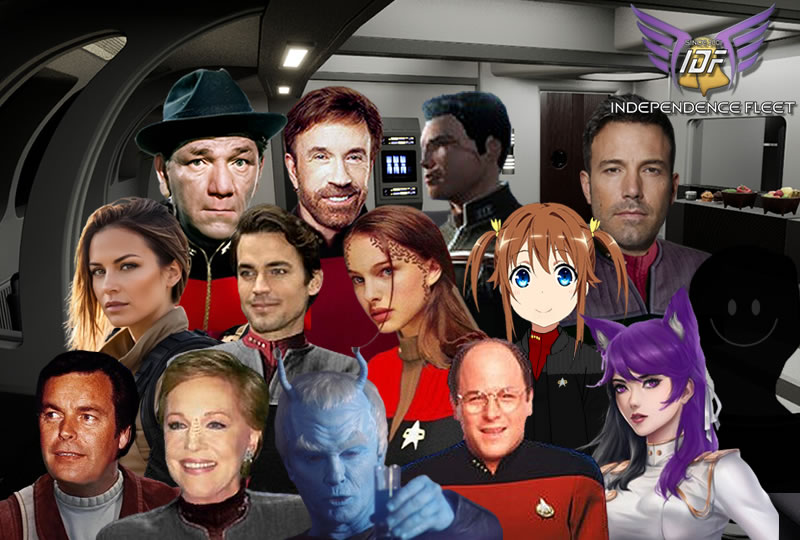 Group collage of various characters and celebrities, both real and fictional, dressed in Starfleet uniforms aboard a starship interior. The scene includes humans, anime-style characters, and aliens, with the Independence Fleet logo in the top right corner, representing a Star Trek simming community.