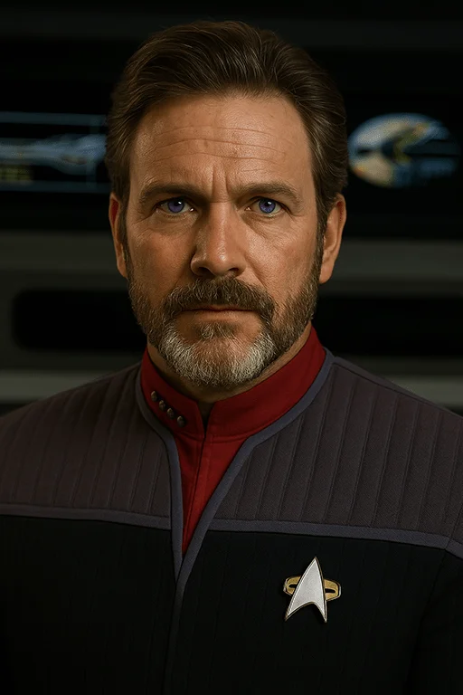 Admiral Ken Gillis in a Starfleet uniform with a neatly trimmed beard and striking purple eyes, standing on a starship bridge. Official portrait for Independence Fleet, a Star Trek simming community.